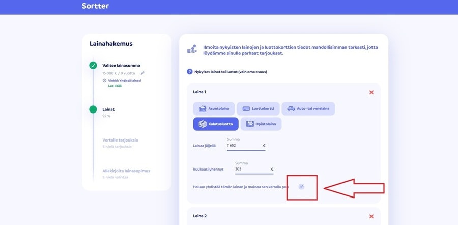 lainojen yhdistäminen sortterin lainahakemuksella